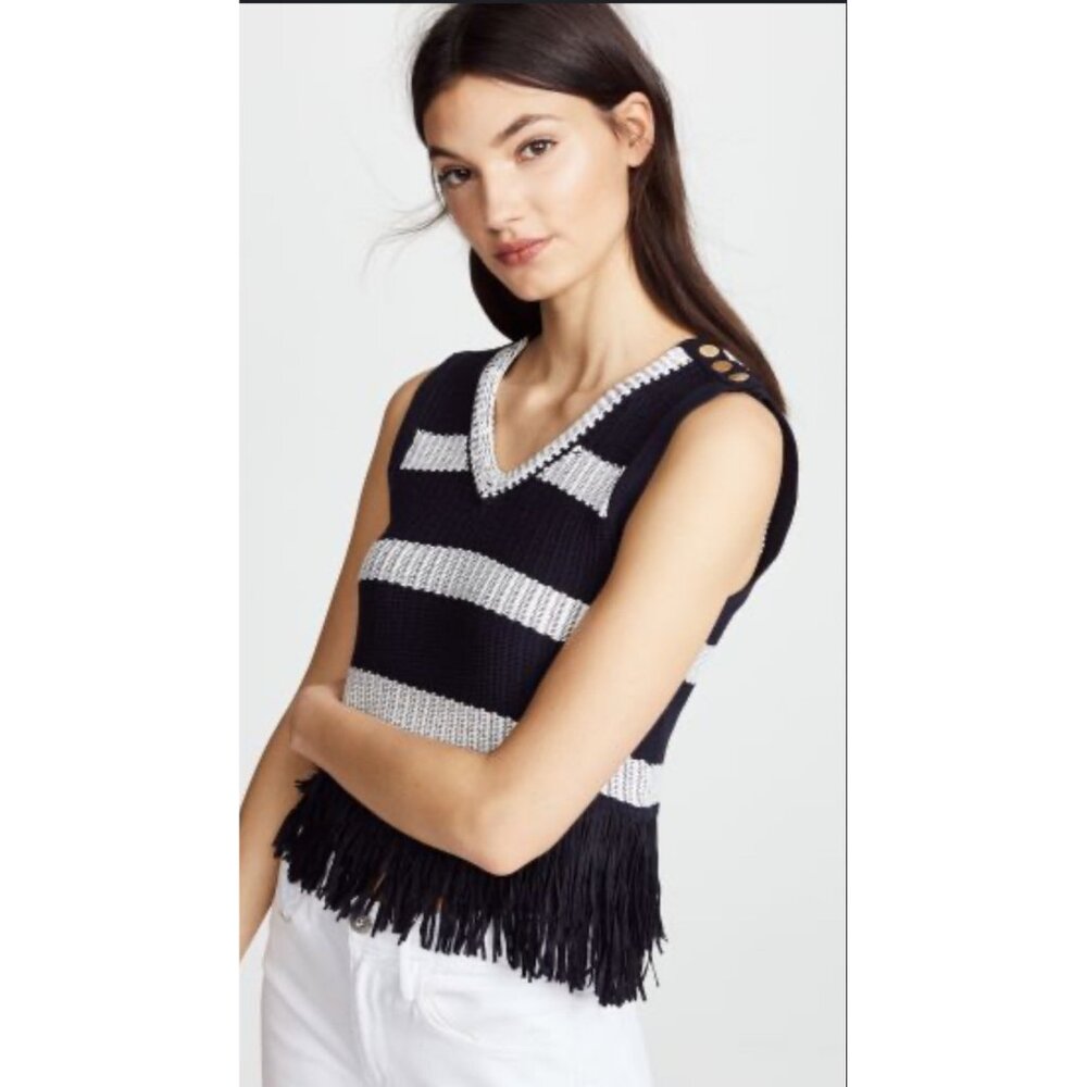 Club Monaco Navy & White Striped Knit Tank Top Fringe Sz XS Gold Buttons Trendy